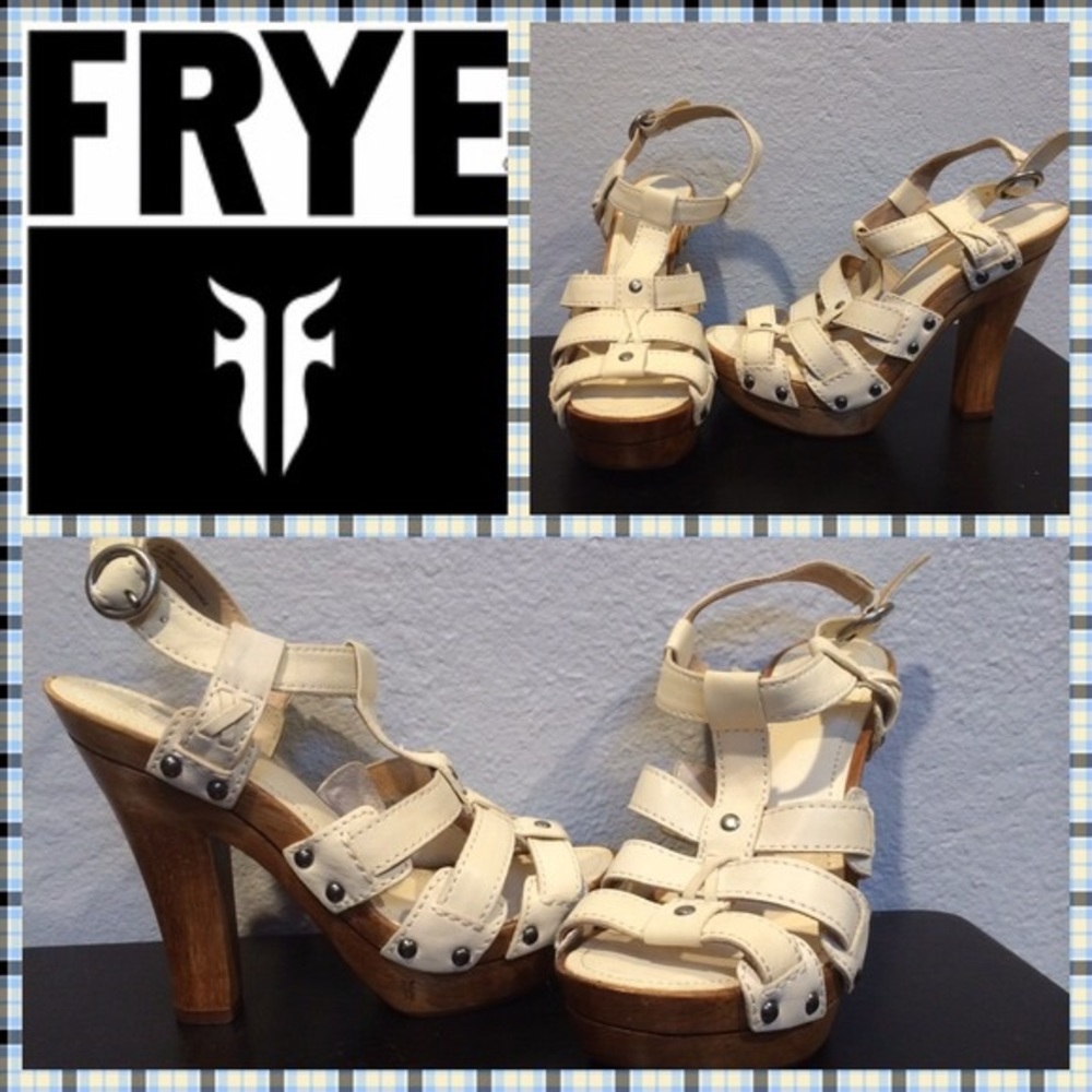 FRYE Dara T Strap Cream Leather Sandal Heel 8.5